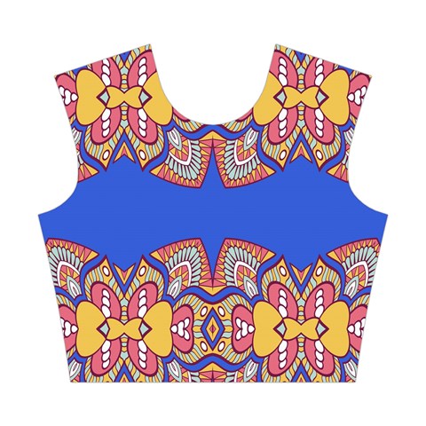 Yellow red shapes on a blue background                                                          Cotton Crop Top from ArtsNow.com Front