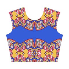 Yellow red shapes on a blue background                                                          Cotton Crop Top from ArtsNow.com Front