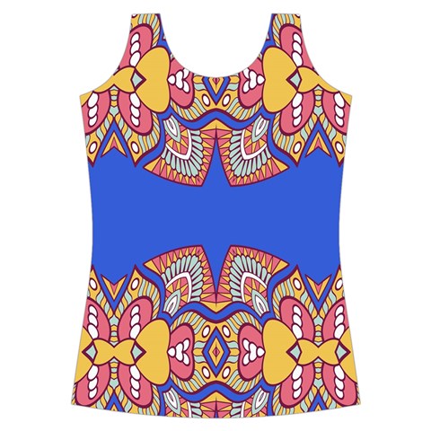 Yellow red shapes on a blue background                                                         Criss cross Back Tank Top from ArtsNow.com Front