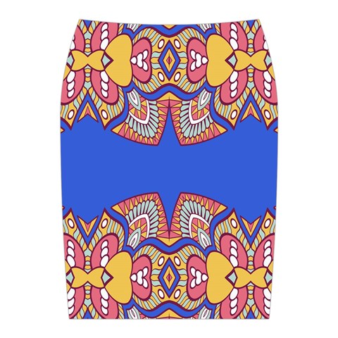 Yellow red shapes on a blue background                                                         Midi Wrap Pencil Skirt from ArtsNow.com Back