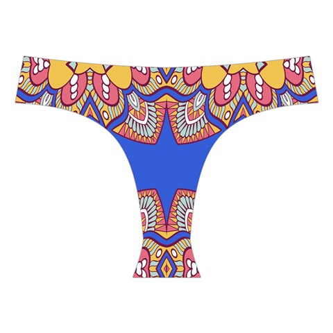 Yellow red shapes on a blue background                                                         Cross Back Hipster Bikini Set from ArtsNow.com Front Under