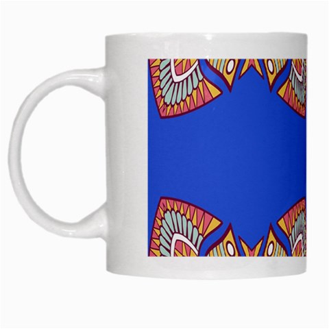 Yellow red shapes on a blue background                                                          White Mug from ArtsNow.com Left