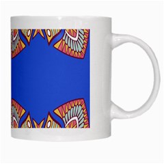 Yellow red shapes on a blue background                                                          White Mug from ArtsNow.com Right