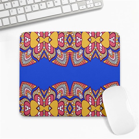 Yellow red shapes on a blue background                                                          Large Mousepad from ArtsNow.com Front