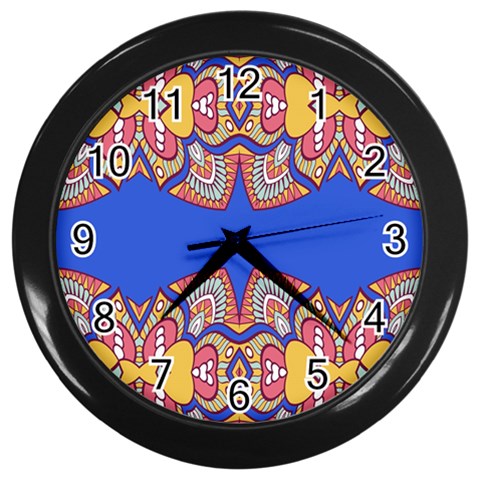 Yellow red shapes on a blue background                                                          Wall Clock (Black) from ArtsNow.com Front