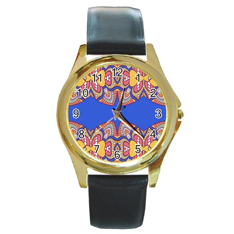 Yellow red shapes on a blue background                                                          Round Gold Metal Watch from ArtsNow.com Front