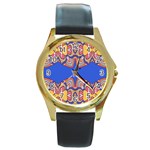 Yellow red shapes on a blue background                                                          Round Gold Metal Watch