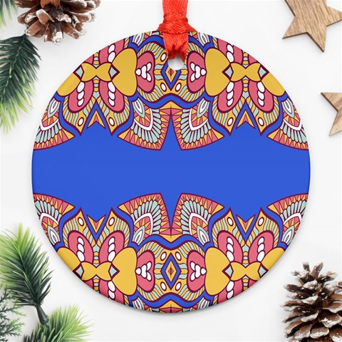 Yellow red shapes on a blue background                                                          Ornament (Round) from ArtsNow.com Front