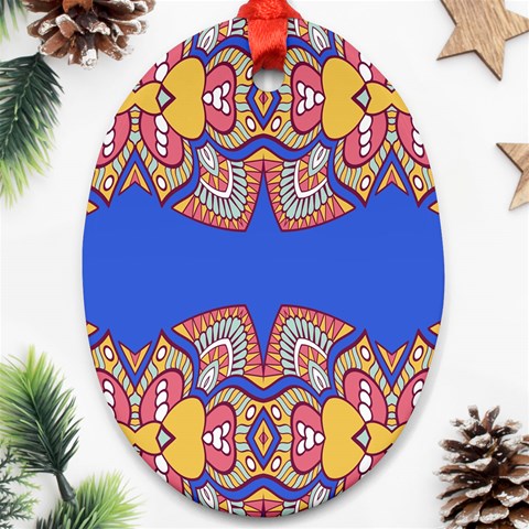 Yellow red shapes on a blue background                                                          Ornament (Oval) from ArtsNow.com Front