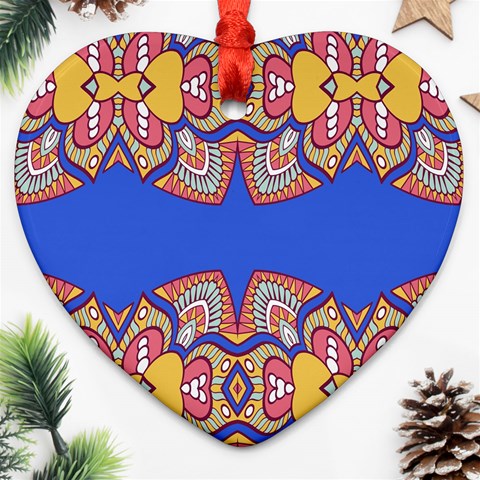 Yellow red shapes on a blue background                                                          Ornament (Heart) from ArtsNow.com Front