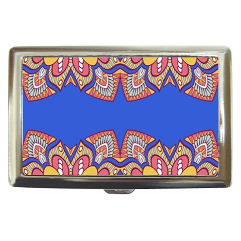 Yellow red shapes on a blue background                                                          Cigarette Money Case from ArtsNow.com Front