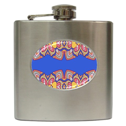 Yellow red shapes on a blue background                                                          Hip Flask (6 oz) from ArtsNow.com Front