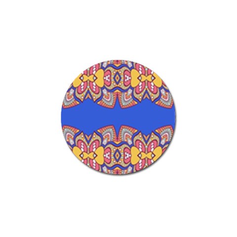 Yellow red shapes on a blue background                                                          Golf Ball Marker from ArtsNow.com Front