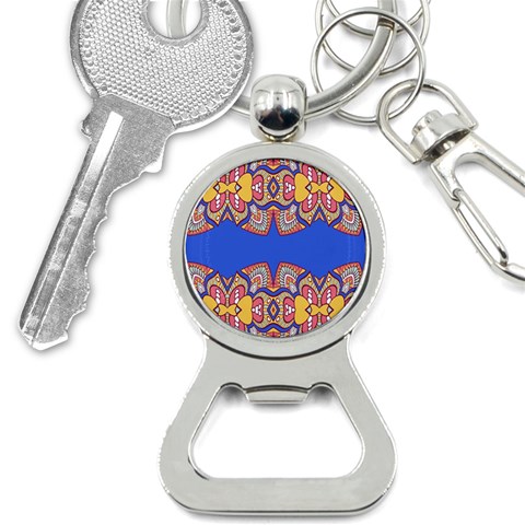 Yellow red shapes on a blue background                                                          Bottle Opener Key Chain from ArtsNow.com Front