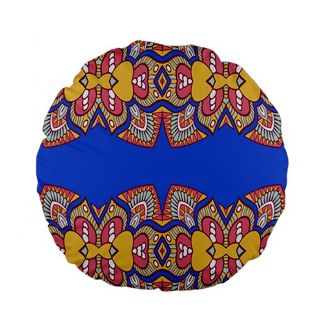 Yellow red shapes on a blue background                                                         Standard 15  Premium Flano Round Cushion from ArtsNow.com Back