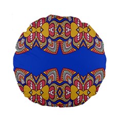 Yellow red shapes on a blue background                                                         Standard 15  Premium Flano Round Cushion from ArtsNow.com Back