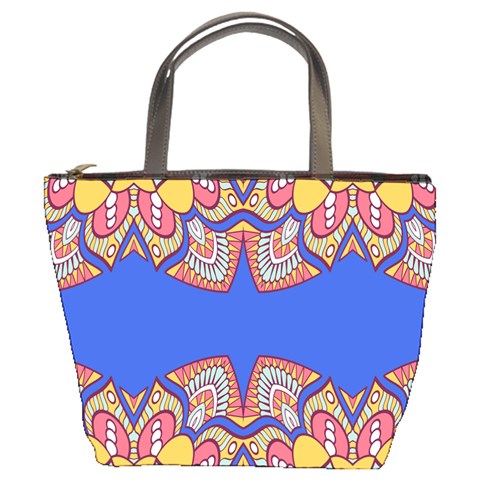 Yellow red shapes on a blue background                                                          Bucket Bag from ArtsNow.com Front