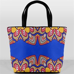 Yellow red shapes on a blue background                                                          Bucket Bag from ArtsNow.com Back