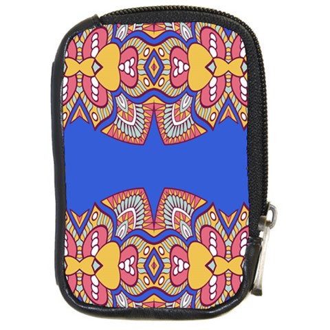 Yellow red shapes on a blue background                                                          Compact Camera Leather Case from ArtsNow.com Front