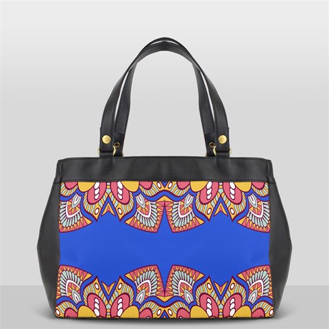 Yellow red shapes on a blue background                                                          Oversize Office Handbag from ArtsNow.com Front