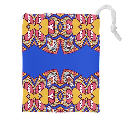 Yellow red shapes on a blue background                                                      Drawstring Pouch (5XL) from ArtsNow.com Front