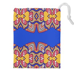 Yellow red shapes on a blue background                                                      Drawstring Pouch (5XL) from ArtsNow.com Front