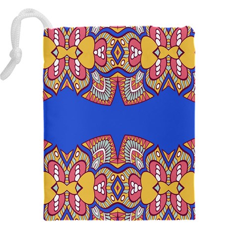 Yellow red shapes on a blue background                                                      Drawstring Pouch (5XL) from ArtsNow.com Back