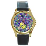 vibrant abstract floral/rainbow color Round Gold Metal Watch