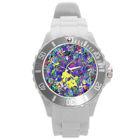 vibrant abstract floral/rainbow color Round Plastic Sport Watch (L) from ArtsNow.com Front