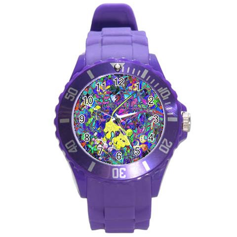 vibrant abstract floral/rainbow color Round Plastic Sport Watch (L) from ArtsNow.com Front