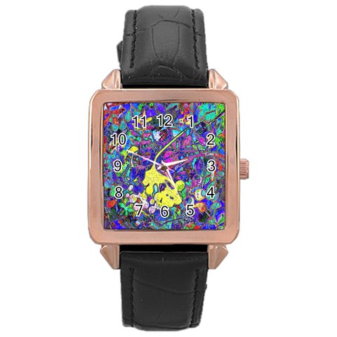 vibrant abstract floral/rainbow color Rose Gold Leather Watch  from ArtsNow.com Front