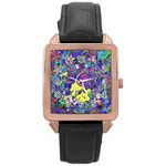 vibrant abstract floral/rainbow color Rose Gold Leather Watch 