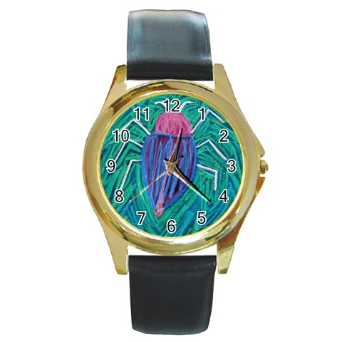 Big Green Bug  Round Gold Metal Watch from ArtsNow.com Front