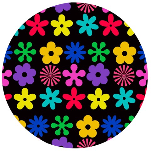 Colorful flowers on a black background pattern                                                         Wooden Bottle Opener (Round) from ArtsNow.com Front