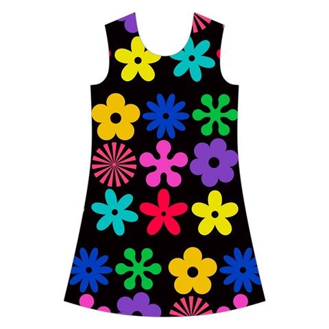 Colorful flowers on a black background pattern                                                                Kids  Short Sleeve Velvet Dress from ArtsNow.com Front