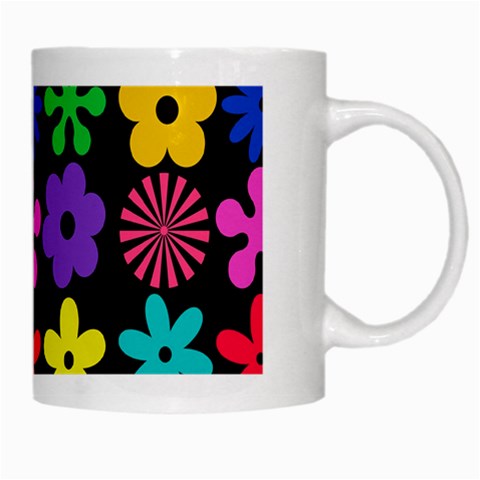 Colorful flowers on a black background pattern                                                            White Mug from ArtsNow.com Right