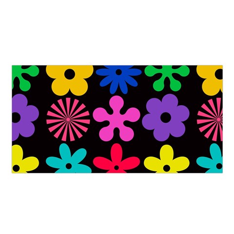 Colorful flowers on a black background pattern                                                        Satin Shawl from ArtsNow.com Front