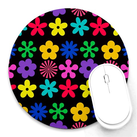 Colorful flowers on a black background pattern                                                            Round Mousepad from ArtsNow.com Front