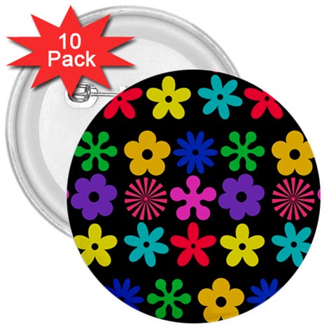 Colorful flowers on a black background pattern                                                            3  Button (10 pack) from ArtsNow.com Front