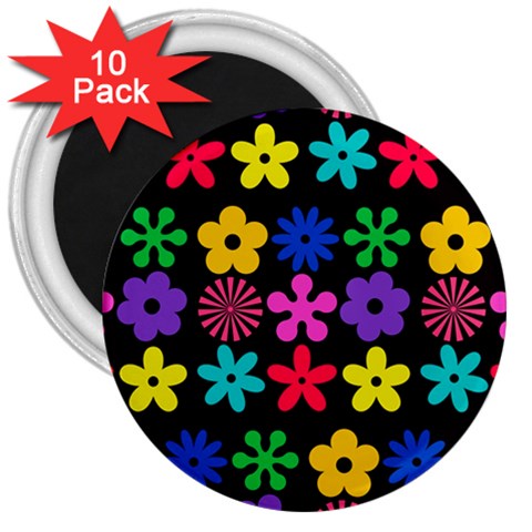 Colorful flowers on a black background pattern                                                            3  Magnet (10 pack) from ArtsNow.com Front