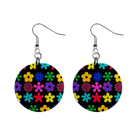 Colorful flowers on a black background pattern                                                            1  Button Earrings from ArtsNow.com Front