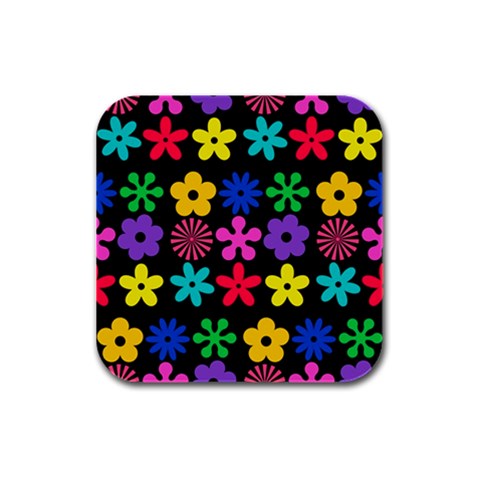 Colorful flowers on a black background pattern                                                            Rubber Square Coaster (4 pack from ArtsNow.com Front