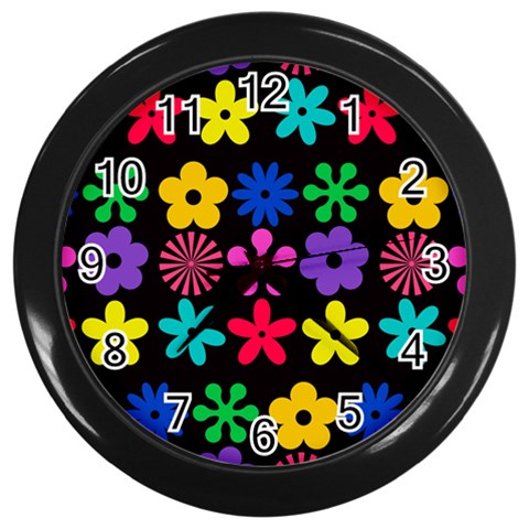 Colorful flowers on a black background pattern                                                            Wall Clock (Black) from ArtsNow.com Front