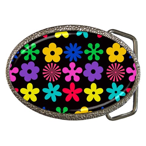 Colorful flowers on a black background pattern                                                            Belt Buckle from ArtsNow.com Front