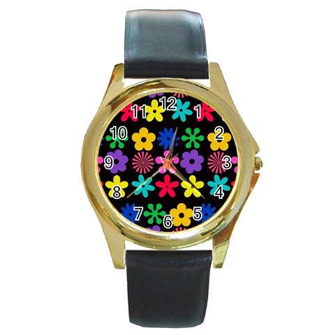 Colorful flowers on a black background pattern                                                            Round Gold Metal Watch from ArtsNow.com Front