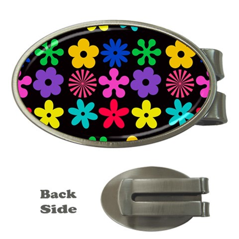 Colorful flowers on a black background pattern                                                            Money Clip (Oval) from ArtsNow.com Front