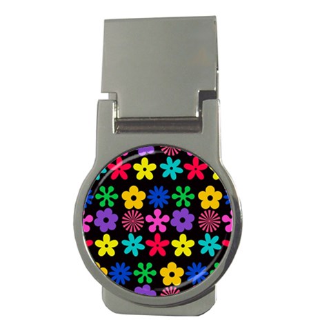 Colorful flowers on a black background pattern                                                            Money Clip (Round) from ArtsNow.com Front