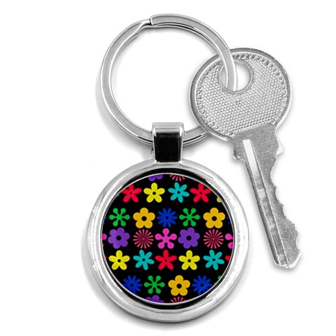 Colorful flowers on a black background pattern                                                            Key Chain (Round) from ArtsNow.com Front