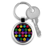 Colorful flowers on a black background pattern                                                            Key Chain (Round)