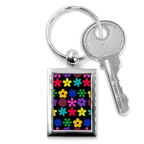 Colorful flowers on a black background pattern                                                            Key Chain (Rectangle) from ArtsNow.com Front